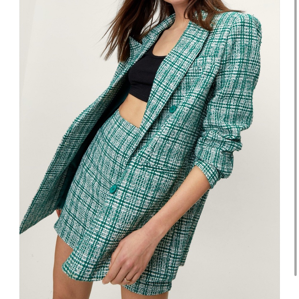 Nasty Gal Green Check Boucle Blazer and Boucle Pelmet Skirt